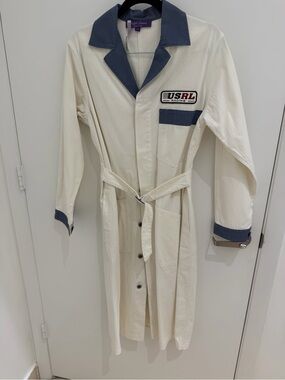 Ralph Lauren Purple Label Cream Long Belted Coat with Blue Trim “RL RACING”